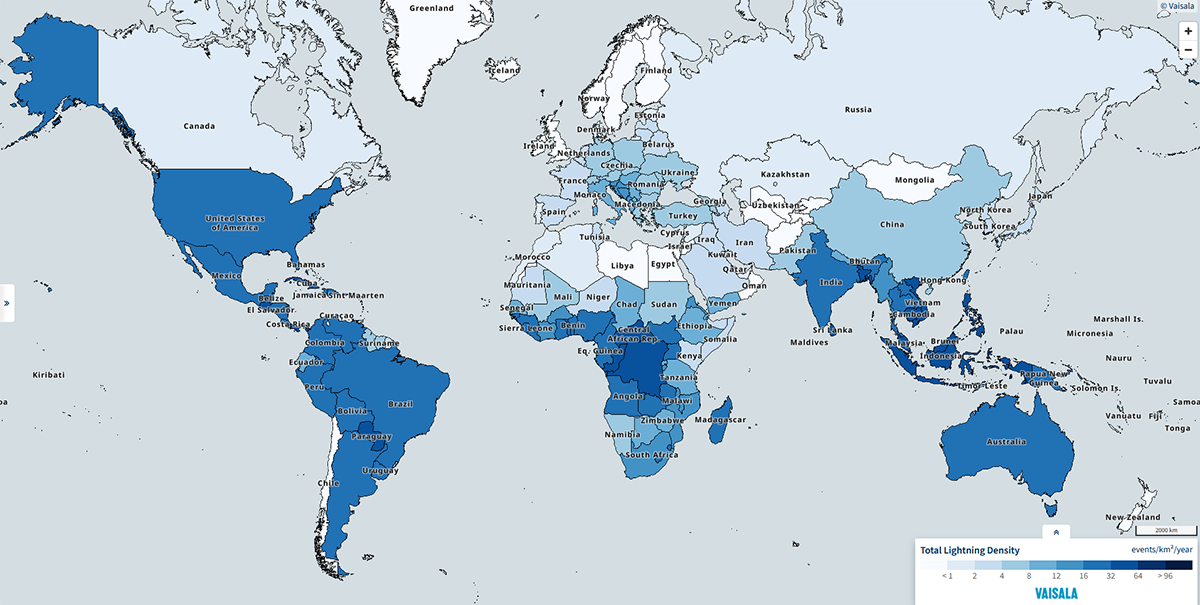 Global Lightning Density Map By Country