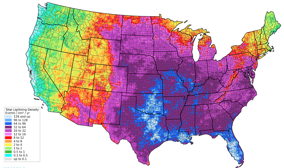 Average U.S. total lightning density, 2015-2019, with more than 1 billion events detected