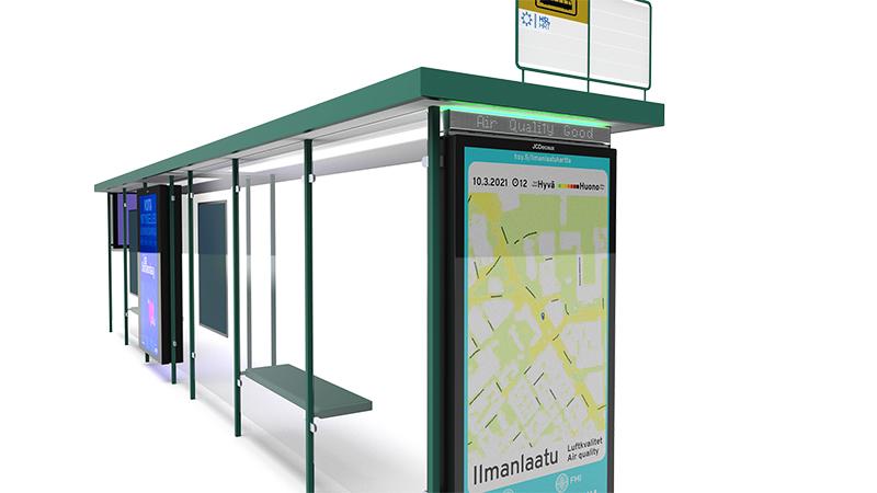 Illustration of a bus stop with air quality display.