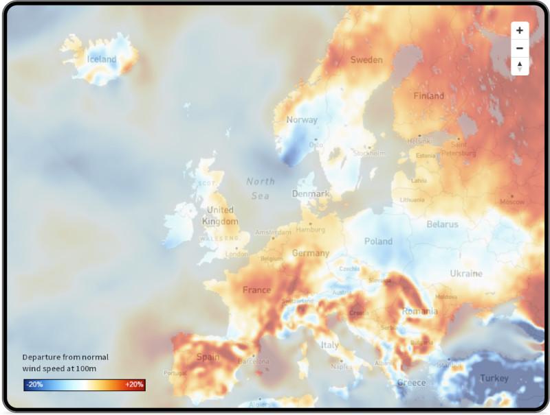 Map showing European wind speed anomalies for January 2023